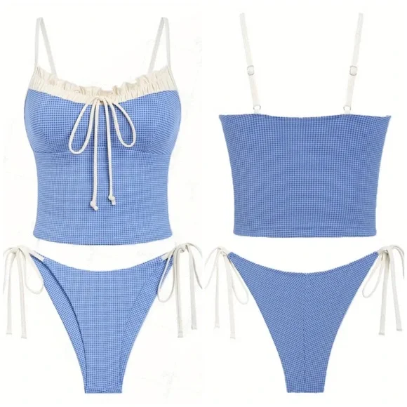 Blue White Gingham High Cut Cheeky Tankini Set - Picture 13 of 16